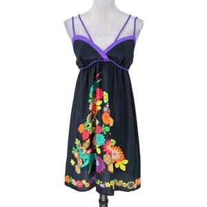 MNG Mango Dress Womens Small US Black Floral Back Zip Waist Tie Straps Beach